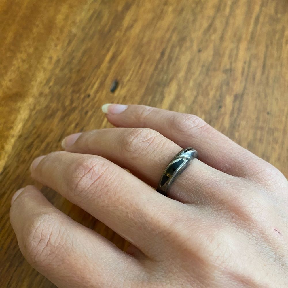Vintage Silver & Black Inlay Ring Funky Retro Statement Ring Artisan Style Jewel